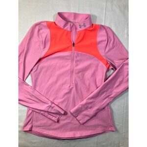 Under Armour Womens HeatGear Run 1/4 Zip Pullover Pink Orange Thumbholes Medium